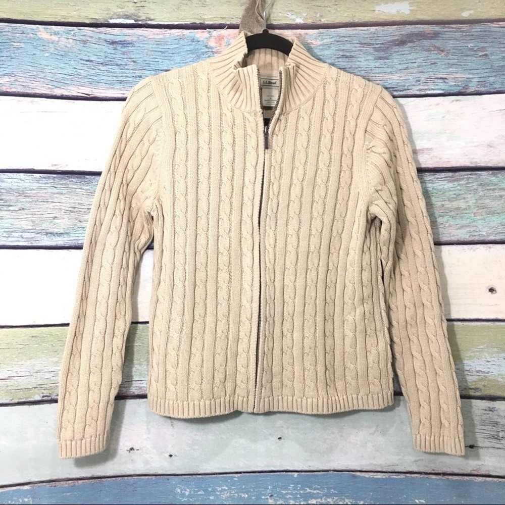 L.L. Bean Cable Knit Zippered Cotton Cardigan Sm